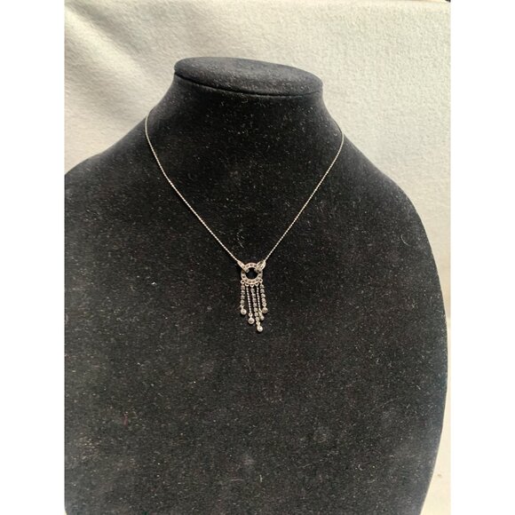 Monet Silver Necklace with Circular Pendant & Dangling Chains Crystals 16" - Picture 3 of 11